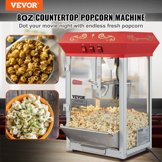 Red Countertop Popcorn Maker, 8 Oz Popcorn Popper Machine, 850W, 48 Cups, Perfect for Home Theater Snacks