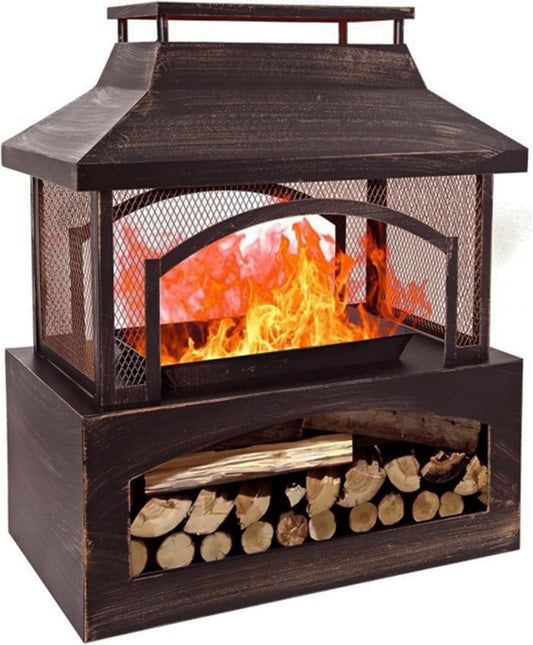 Red Mountain Valley 37" Wood Burning Fireplace w/Log Grate & Chimney, for Patio/Garden/Backyard