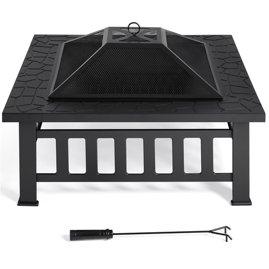 Renwick 34'' Outdoor Square Metal Fire Pit with Cover & Poker, Black