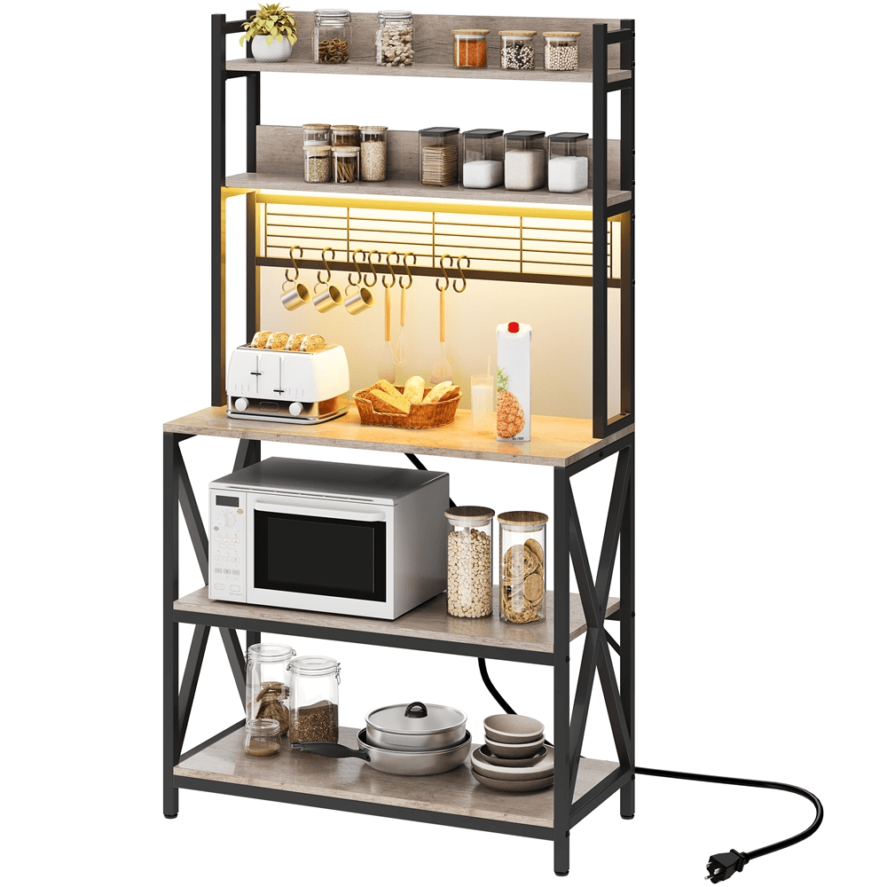 Renwick 5-Tier Industrial Kitchen Baker's Rack with LED Light and Power Outlets, Gray