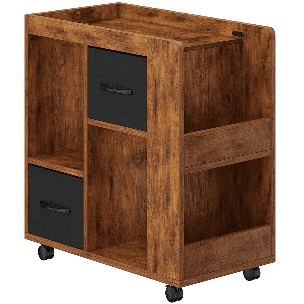 Renwick Modern Wooden Rolling Side Table with 2 Foldable Fabric Drawers and Magazine Racks, Rustic Brown