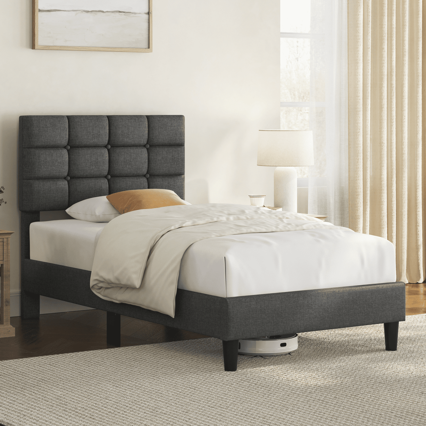 Renwick Twin Upholstered Bed Frame with Square Tufted Headboard, Dark Gray
