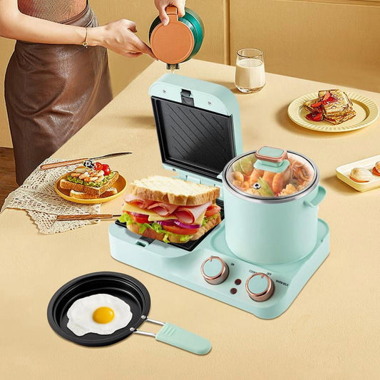 Retro Food-Grade 3-in-1 Electric Breakfast Station - Household Mini Toaster, Sandwich Maker with Frying Pan, Boiling Pot & Food Steamer for Quick Morning Meals, Space-Saving Kitchen Appliance
