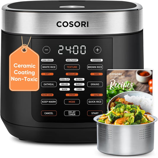 Rice Cooker 10 Cup, 24h Keep Warm, 18 Functions Fuzzy Logic Rice Maker with Stainless Steel Steamer Basket, Sauté, Slow Cooker, Black