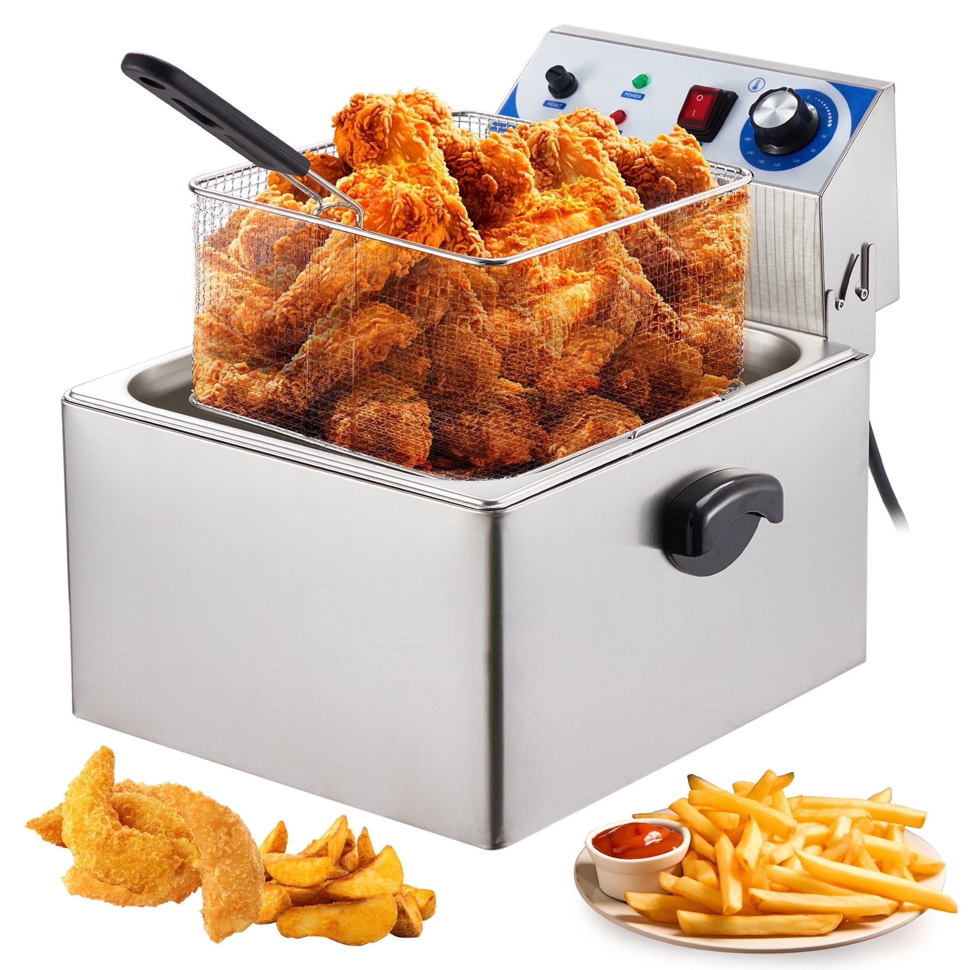 Riedhoff 1500W Deep Fryers, 10.45 Qts, Temperature Control, with Basket and Lid, Silver