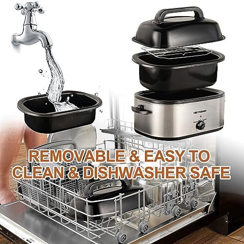 Roaster Oven Electric, Roaster Oven 24 Quart with Self-Basting Lid, Turkey Roaster Oven with Removable Pan and Rack, Adjustable Temperature Control Powerful 1450W Stainless Steel Roaster Oven, Silver