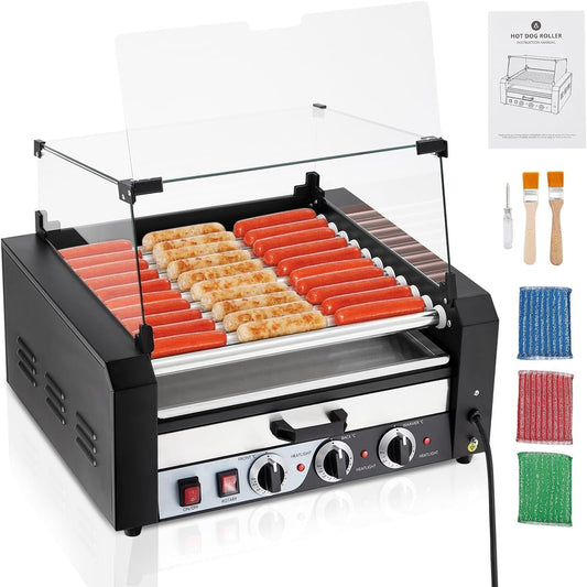 Roller Dog Machine, 24 Hot Dog Capacity 9 Rollers Sausage Grill, Hot Dogs Capacity 1650W Stainless Sausage Grill Cooker Machine,Removable Shelf & Drip Tray for Party Home Commercial