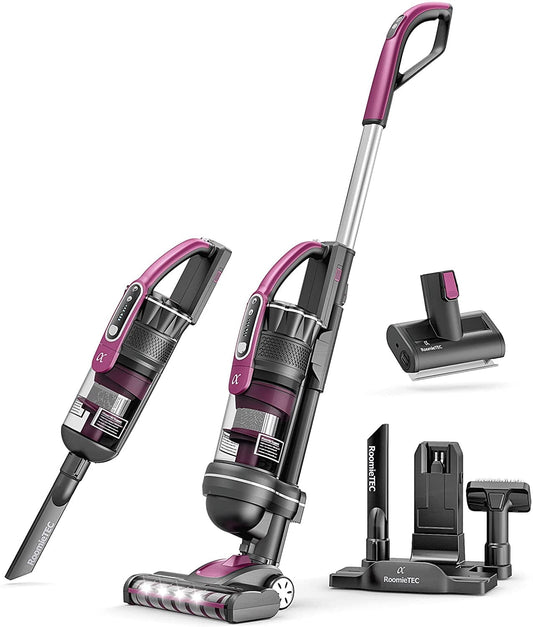 RoomieTEC Alpha Professional Upright Cordless Vacuum Cleaner, Lightweight and Bagless, with Handheld Dust Buster, Motorized Pet Brush, 22Kpa, 300W