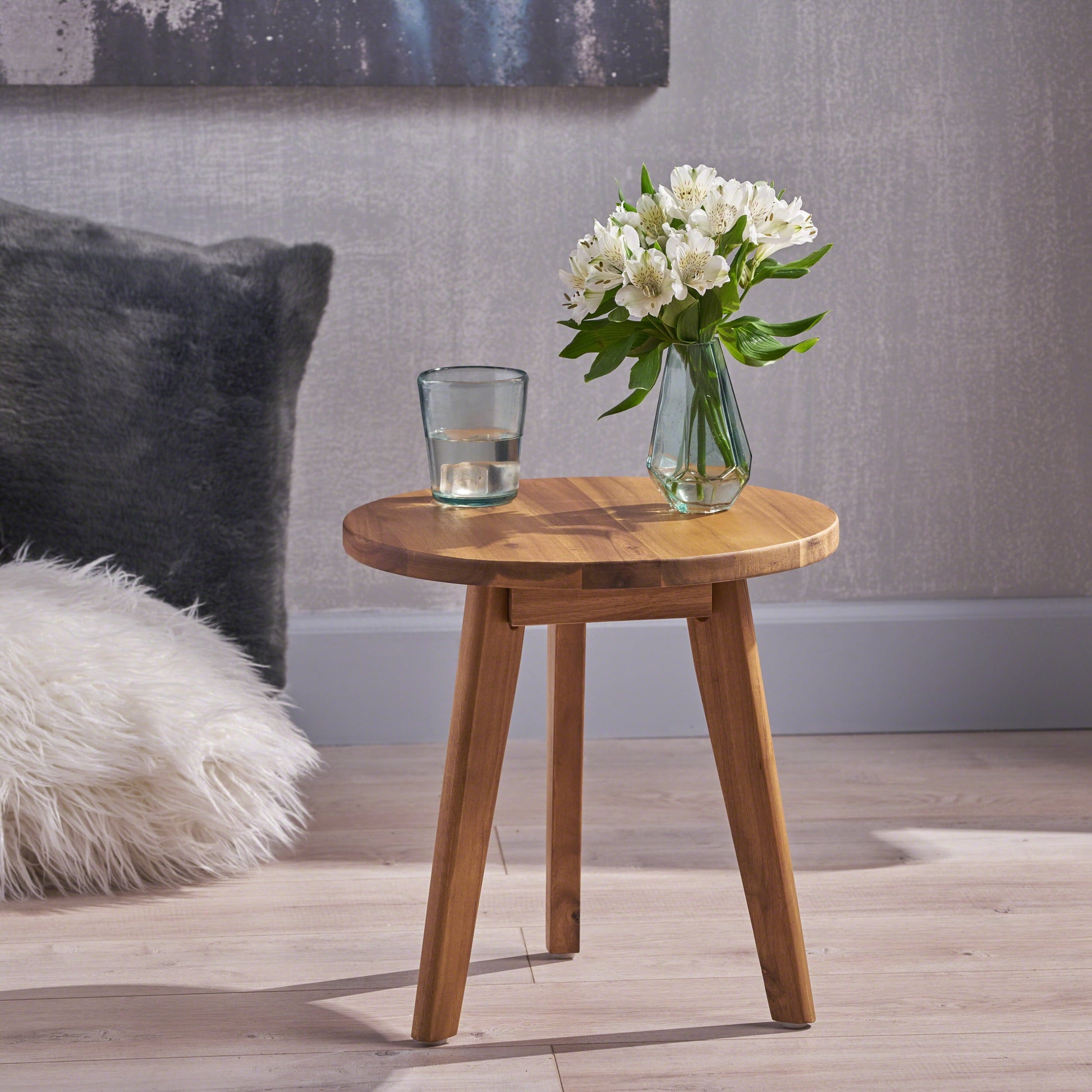 Round Acacia Wood Side Table, Modâ€‘Inspired Handcrafted End Table with 3 Angled Legs, Playful Accent Table for Living Room Bedroom Home Decor