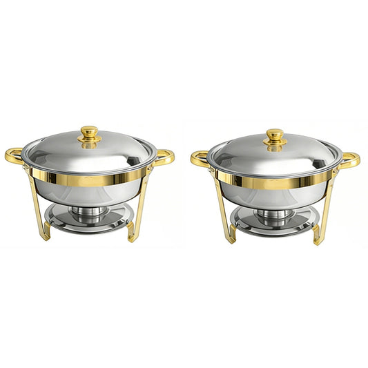 Round Buffet Catering Dish Set of 2 with Stainless Steel Construction, 5-Quart Chafing Dish for Weddings and Gatherings, Golden and Silver