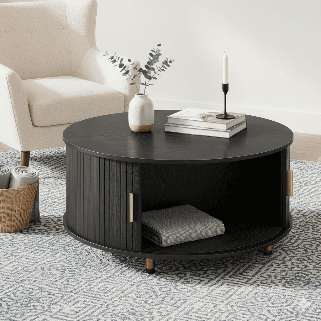 Round Coffee Table with 360Â° Sliding Tambour Door, 31.5" Modern Coffee Table with Storage, Mid-Century Fluted Accent Center Table with Adjustable Footpads for Living Room, Black