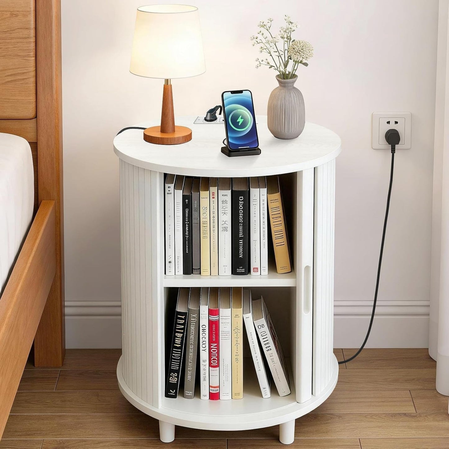 Round End Table with Charging Station, Fluted Nightstand with Sliding Door & Adjustable Shelf, Mid Century Side Table, White