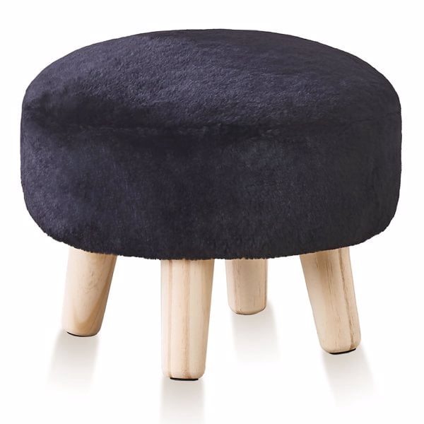 Round Mushroom Footstool Ottoman â€“ Rabbit Wool Upholstered Small Stool with Solid Wood Legs, Cute Shoe Changing Stool, Step Stool, Sofa Footrest for Living Room & Bedroom Black