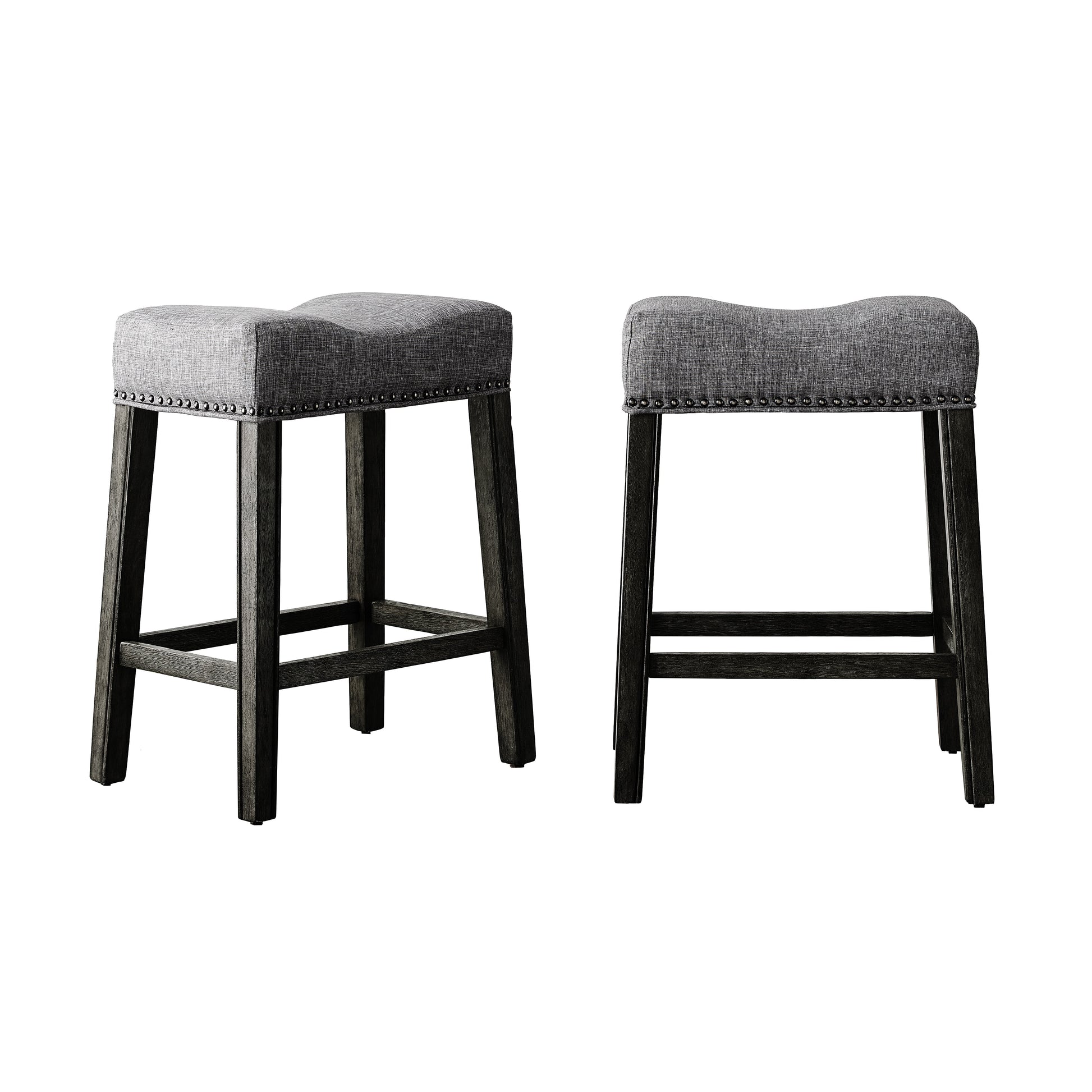 Roundhill Furniture CoCo 25.5" Counter Height Saddle Stool, Gray Fabric, Solid Rubberwood, Set of 2