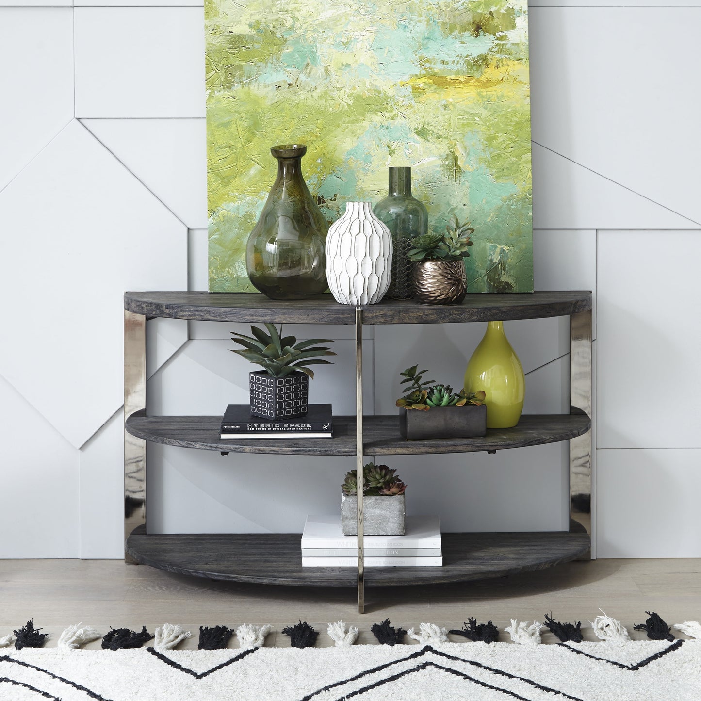 Roundhill Furniture Kalne Console Table Half Moon Shape with 2 Open Shelves, Charcoal Gray-Chrome Plated Metal