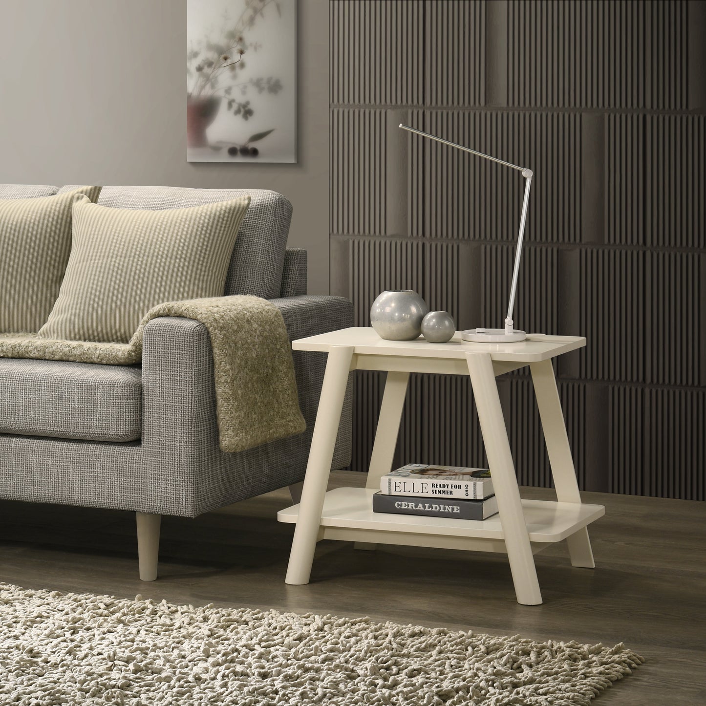Roundhill Furniture Metz Mid-Century Modern Wood Shelf End Table, Off-White Finish