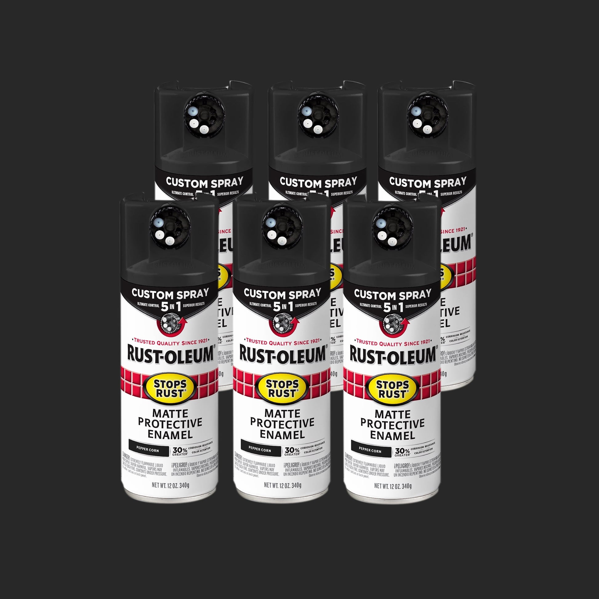 6 Pack, Rust-Oleum Stops Rust Custom Spray 5-in-1 Matte Peppercorn Spray Paint-393370, 12 oz