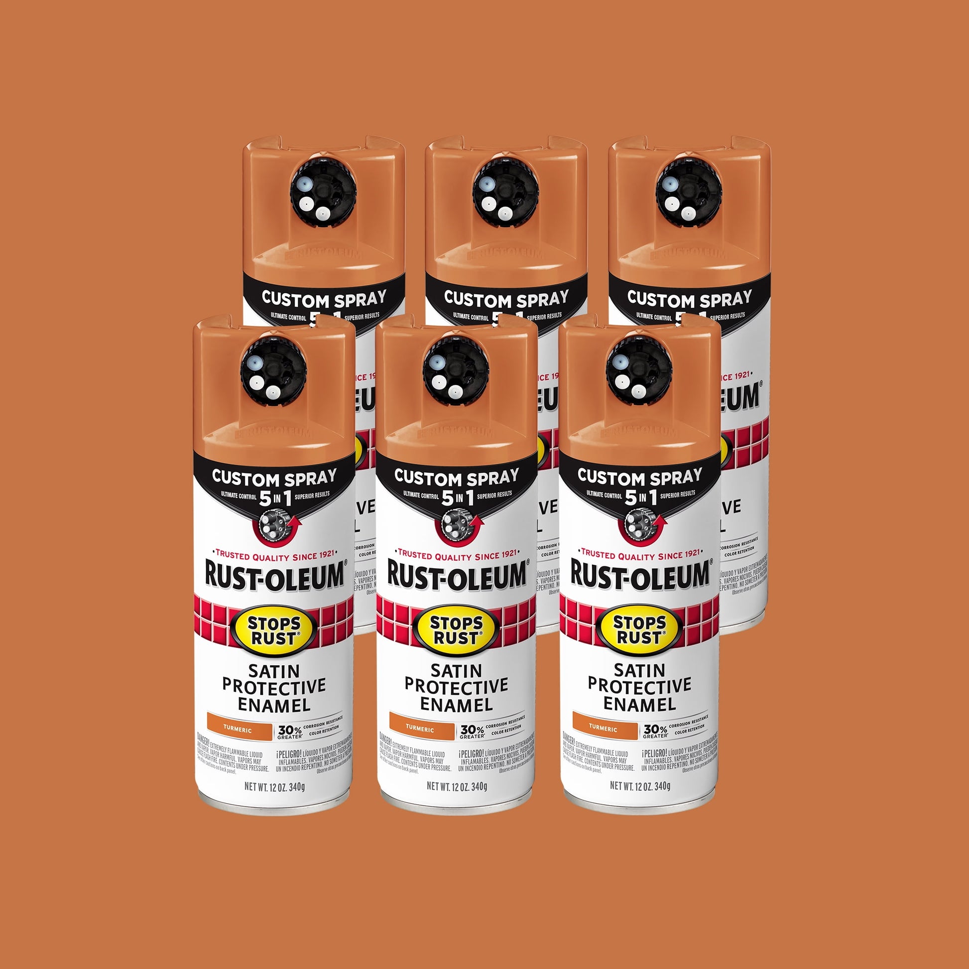 6 Pack, Rust-Oleum Stops Rust Custom Spray 5-in-1 Satin Turmeric Spray Paint-393368, 12 oz