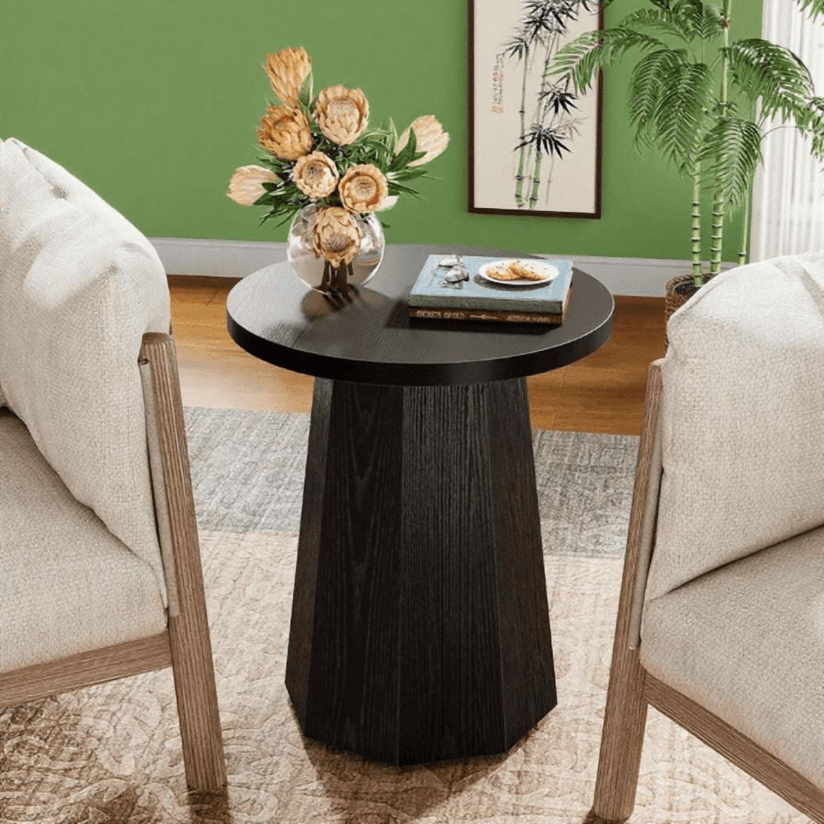 Rustic Farmhouse Round Pedestal Side Table, Octagonal Base, Water/Scratch-Resistant Wood Grain for Living Room/Bedroom