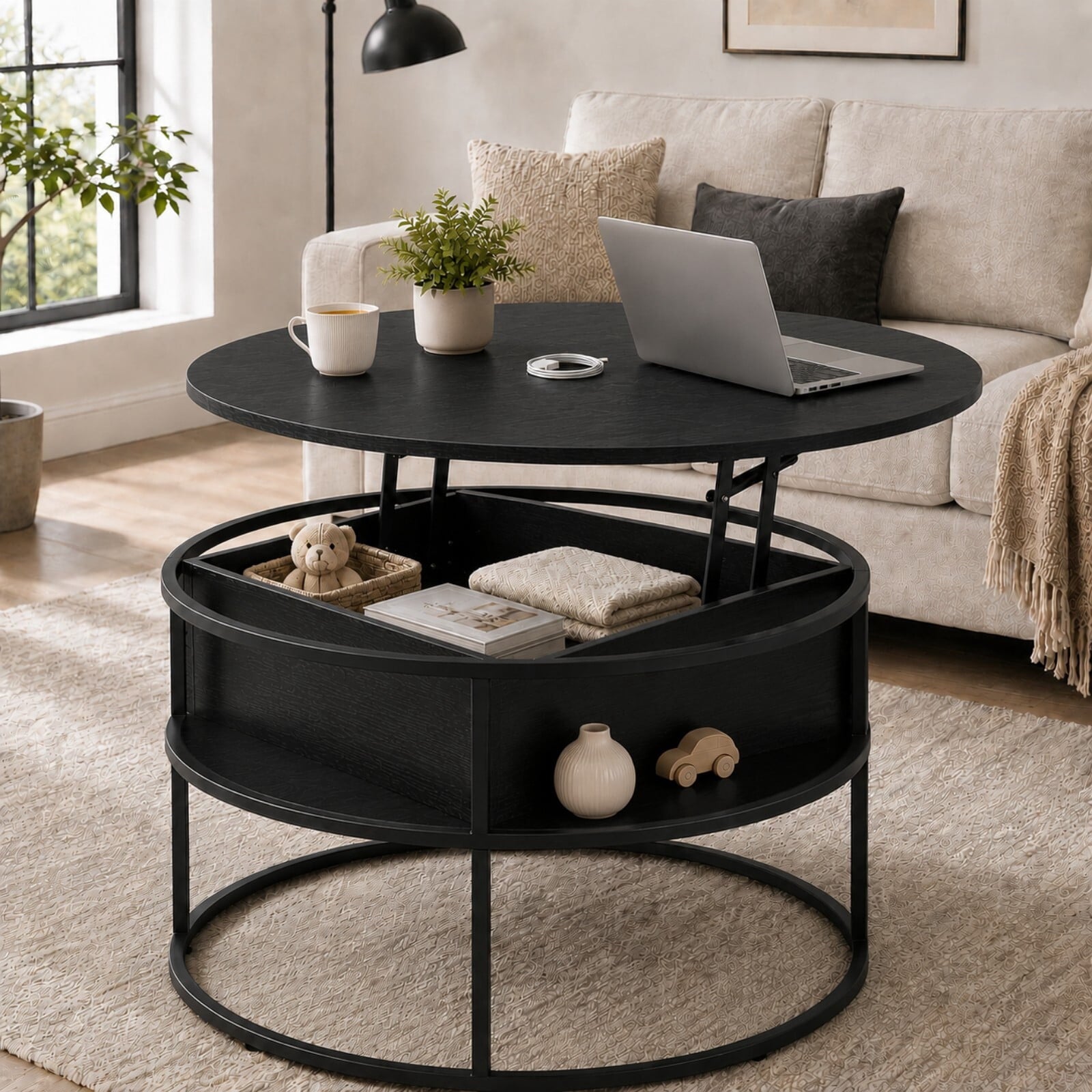 Cenovo Round Lift-Top Coffee Table with Hidden Storage and Open Shelf Modern Farmhouse Center Table for Living Room,Black