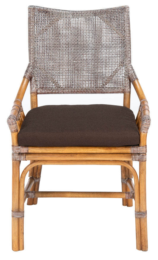 SAFAVIEH Donatella Rattan Chairs, Brown White Wash/Brown Legs/Dark Brown Cushion (22 in. W x 24 in. D x 37 in. H)