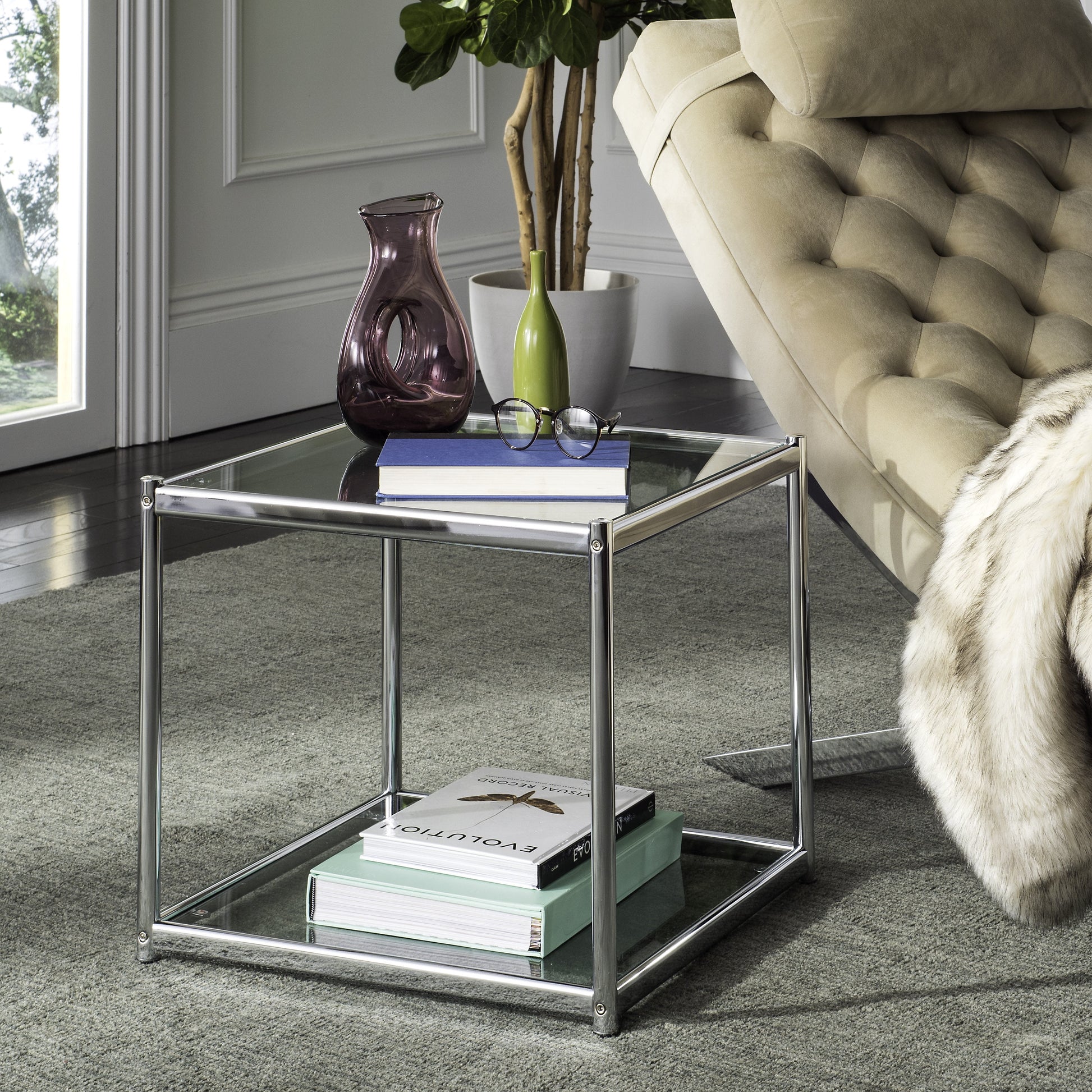 SAFAVIEH Lilias Contemporary Glass End Table, Chrome
