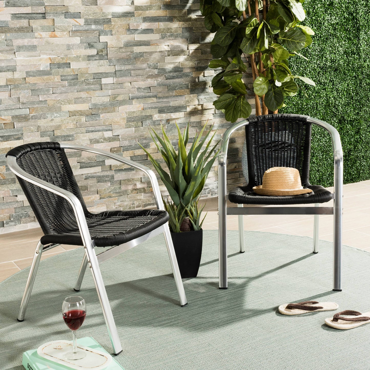 SAFAVIEH Wrangell Outdoor Patio Stacking Arm Chair,Teal, Set of 2
