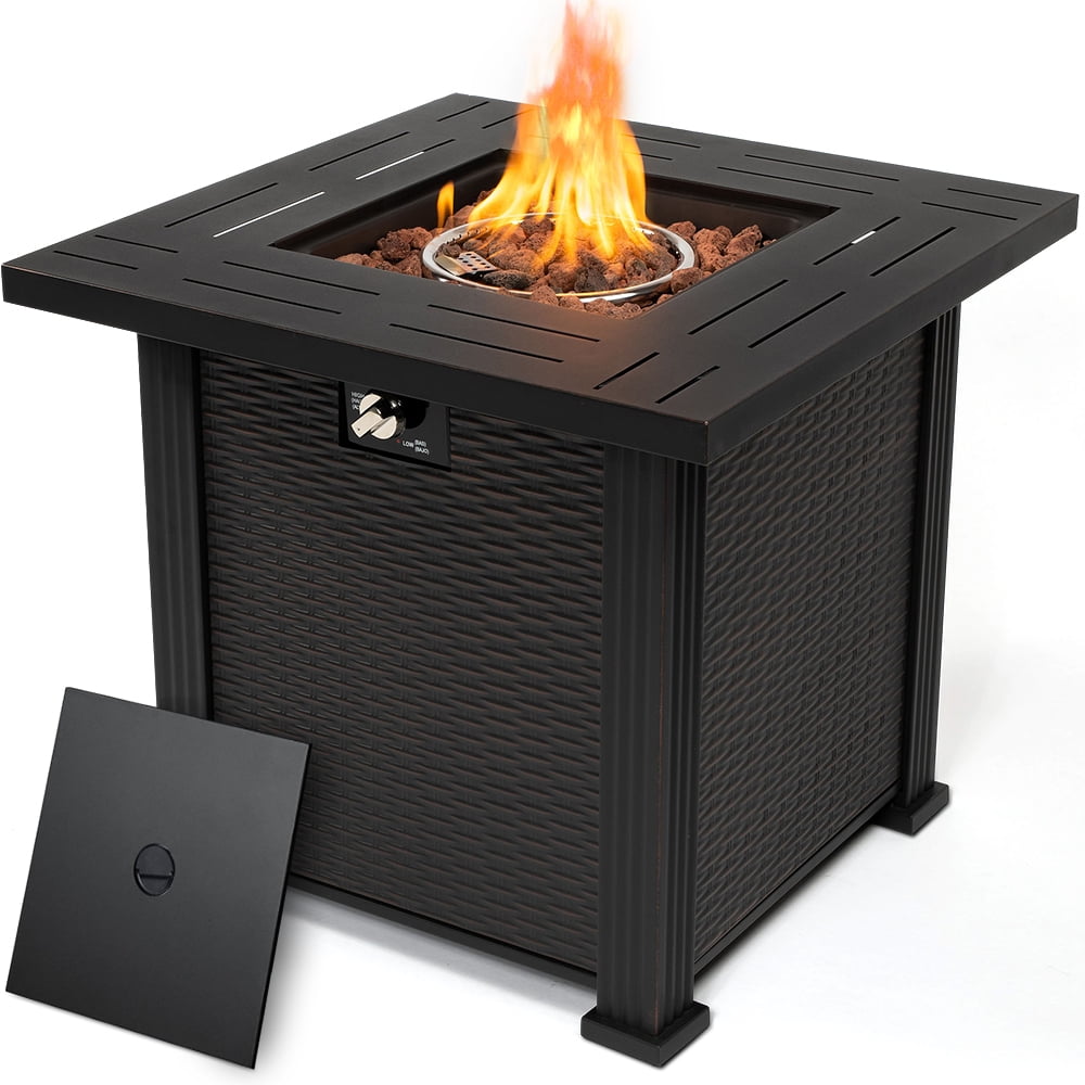 SEGMART 28'' Outdoor Gas Fire Pit Table, 40,000 BTU Propane Patio Heater with Lid and Lava Rocks, Propane Fire Pit Table with Auto-Ignition for Garden Patio Backyard Picnic