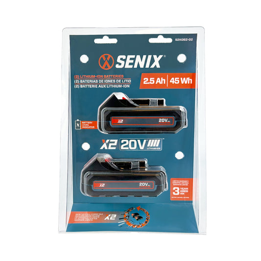 SENIX (2) 20 Volt Max* 2.5 Ah Lithium-ion Batteries for SENIX 20 Volt Max* Cordless Lawn and Garden and Power Tools, Fade-Free, Battery Indicator Lights (S2K0B2-02)