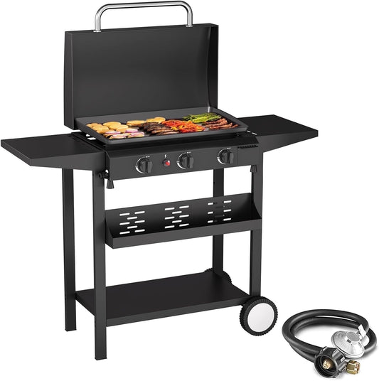 SKOK 3-Burner 23.3'' Portable Flat Top Propane Griddle with Hood for Camping