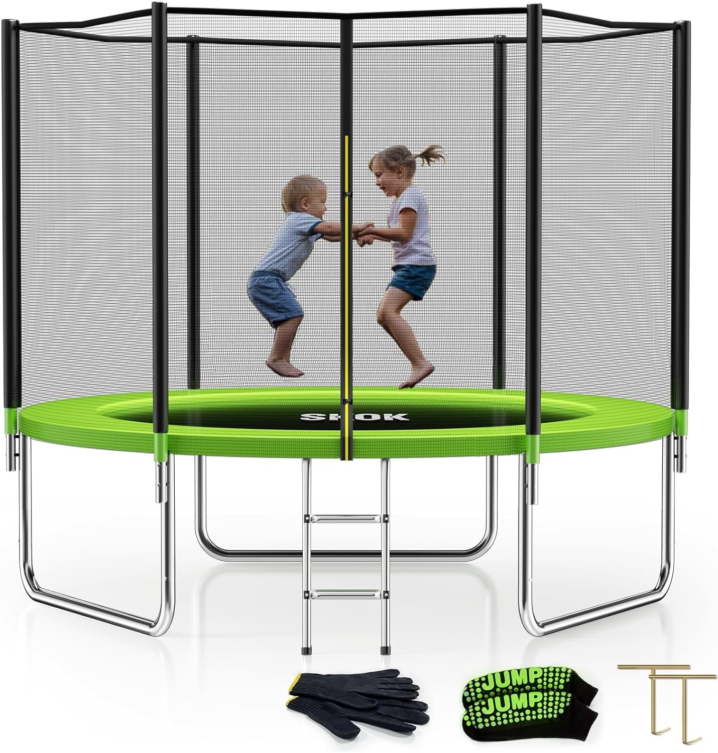 SKOK 8FT Large Trampoline with Cage Nets Cover, Heavy Duty 400 lbs Capacity for Adults and Kids, Includes Ladder