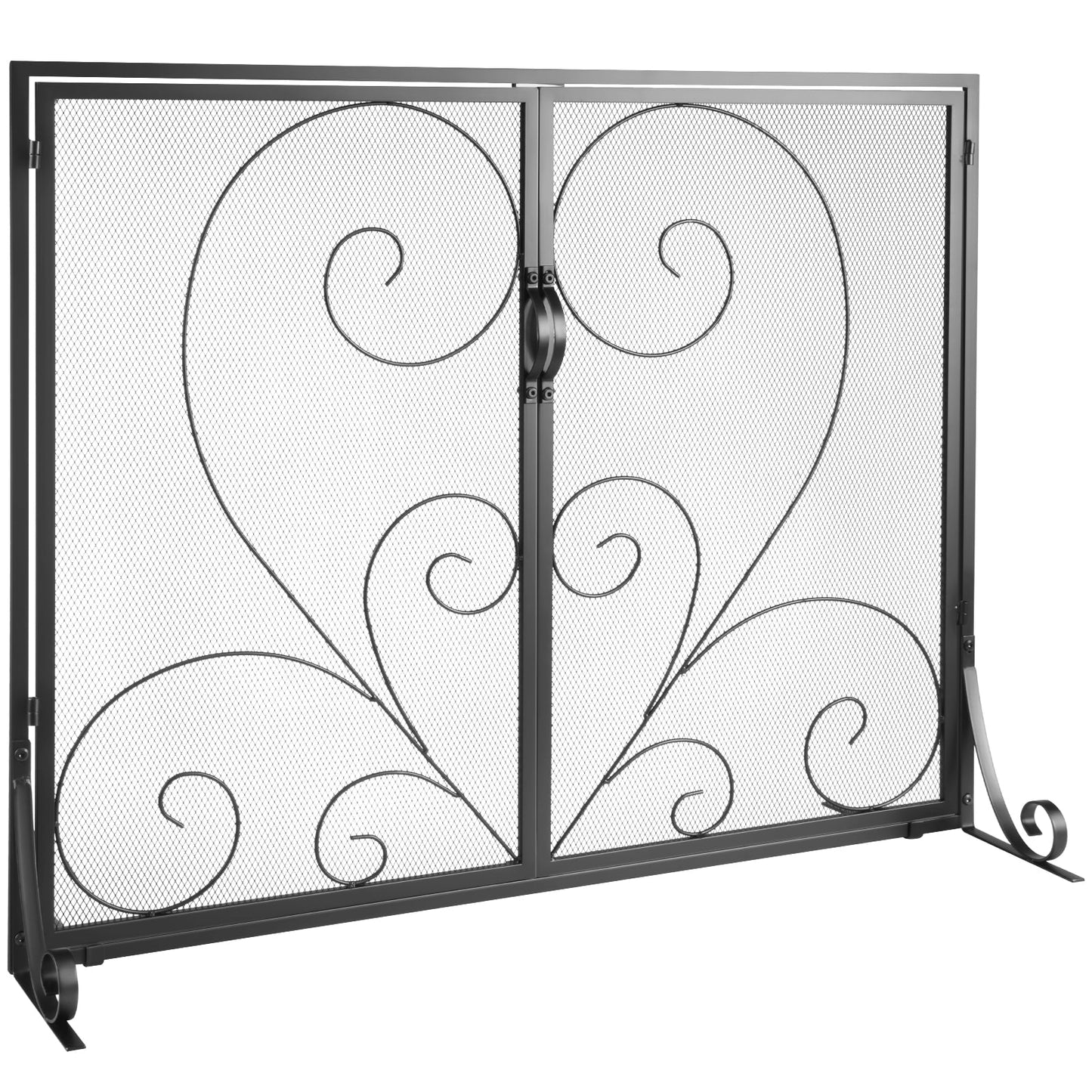 KFFKFF 39"x31.6" Fireplace Screen 2-Panel Iron Mesh Spark Guard Vintage Black