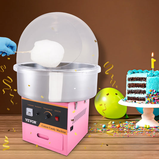 KFFKFF Electric Cotton Candy Machine w/ Transparent Cover, 1000W Commercial Floss Maker with Stainless Steel Bowl, Sugar Scoop & Drawer Home Countertop Cotton Candy Maker, Pink