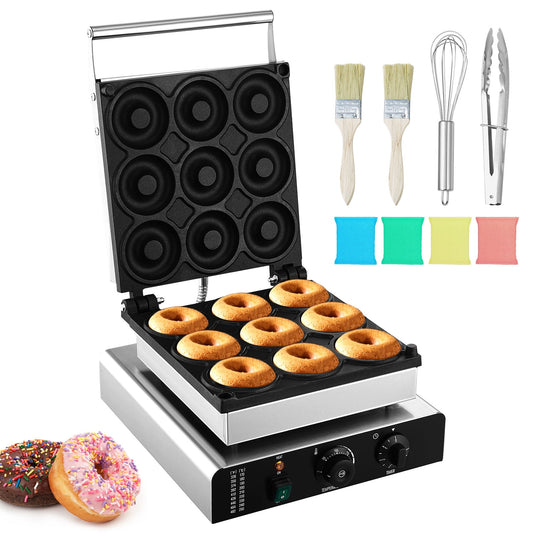 KFFKFF Electric Donut Machine, 2000W for Business/Home, Non-stick, Dual-Sided Heating, 9-Slot Waffle Maker, 122-572? Temp Range, Crafts 9 Donuts