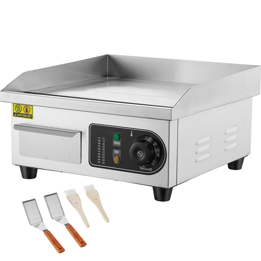 KFFKFF Electric Griddle for Commercial Use, 1700W Countertop Grill with Adjustable Temperature， Includes Stainless Steel Surface, 2 Shovels, and 2 Brushes, Suitable for Home or Restaurant