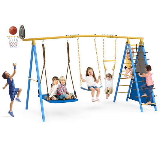 SPPTTY 7 in 1 Swing Sets for Outside,A-Frame Swing Set with Climbing Ladder,2 Swing,Trapeze Bar,Basketball Hoop