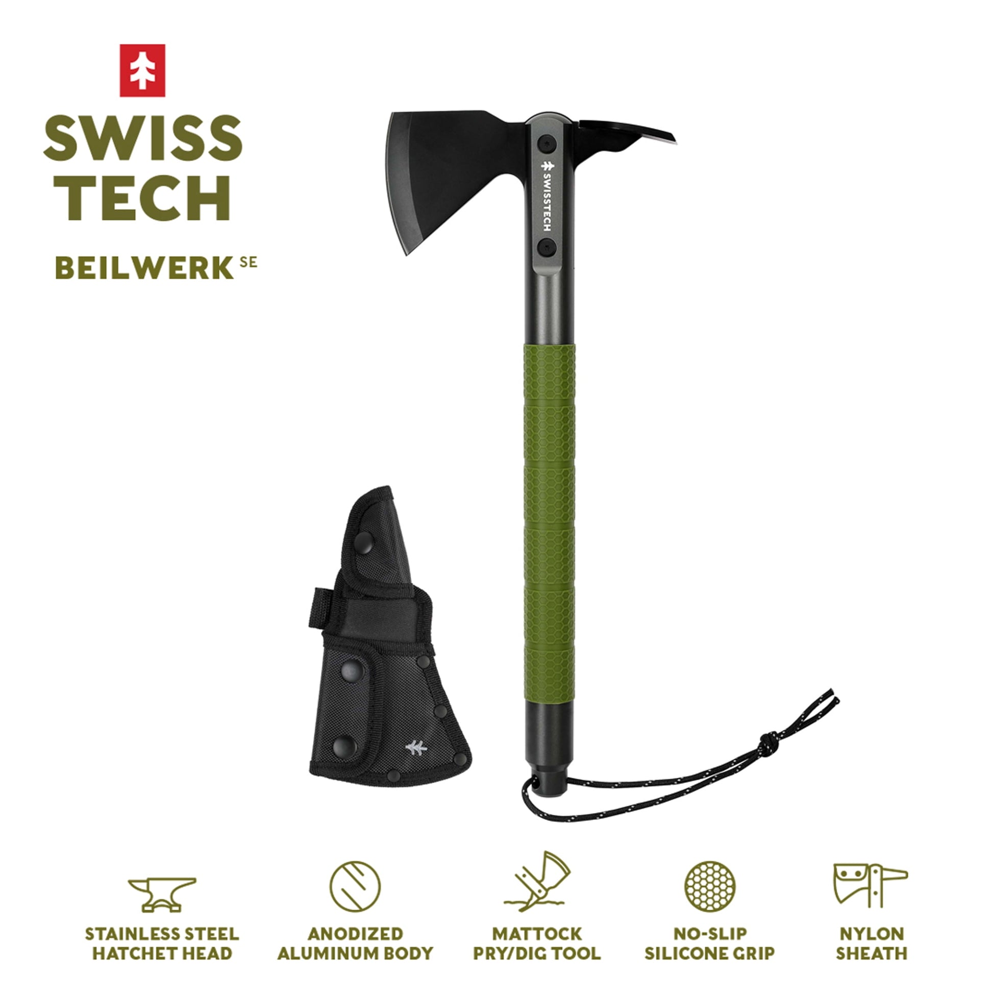 Swiss Tech Beilwerk Camping Hatchet, Stainless Steel Head, Aluminum Body, Pry Tool, Sheath Included