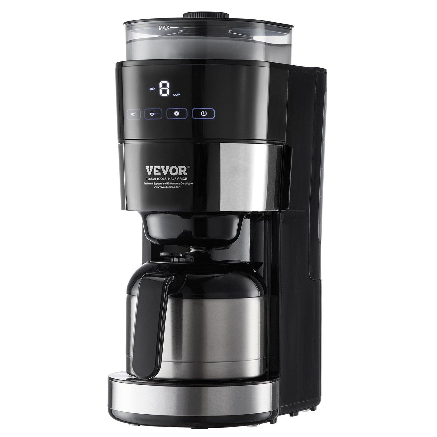 STAWAY 8-Cup Coffee Maker with Built-in Grinder, Drip Coffee Machine, 3 Brew Strength Control, Adjustable Grinding Coarseness, Easy Clean with Paper Filters