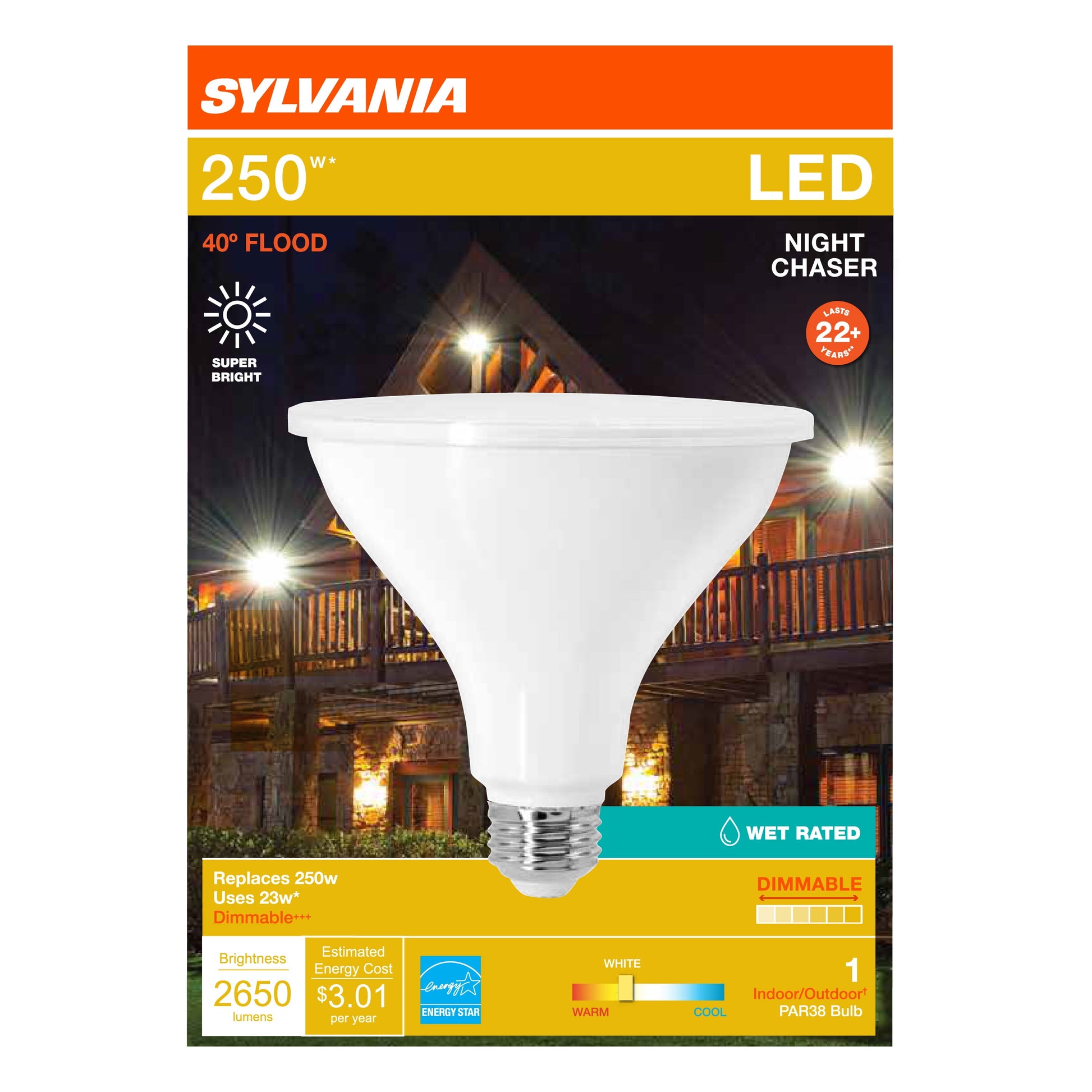 SYLVANIA PAR38 Night Chaser Bombilla LED 250W, 40* Extendido de Haz, Atenuado, Blanco Neutro, 13 AÃ±os