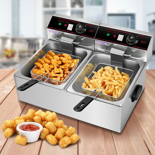 Safstar Professional Electric Deep Fryer, Dual Tank Stainless Steel Chicken Chips Fryer with Basket Scoop for  Restaurant Countertop Family Food Cooking