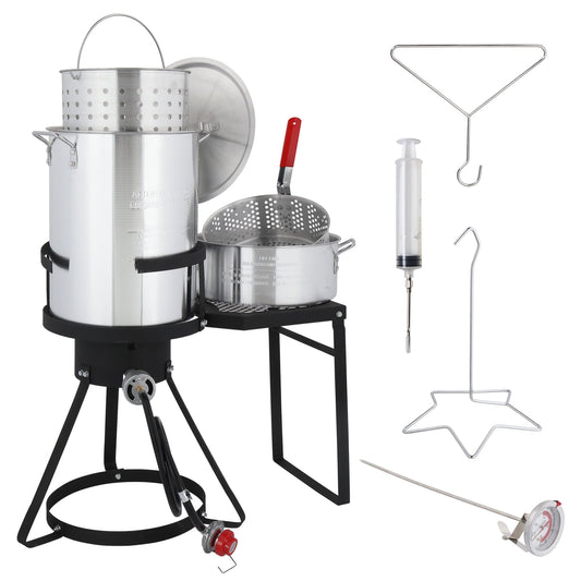 SalonMore 30qt Aluminum Turkey Fryer Pot Boiler Fish Fryer Outdoor 4-Piece Set Upgraded with Side Table