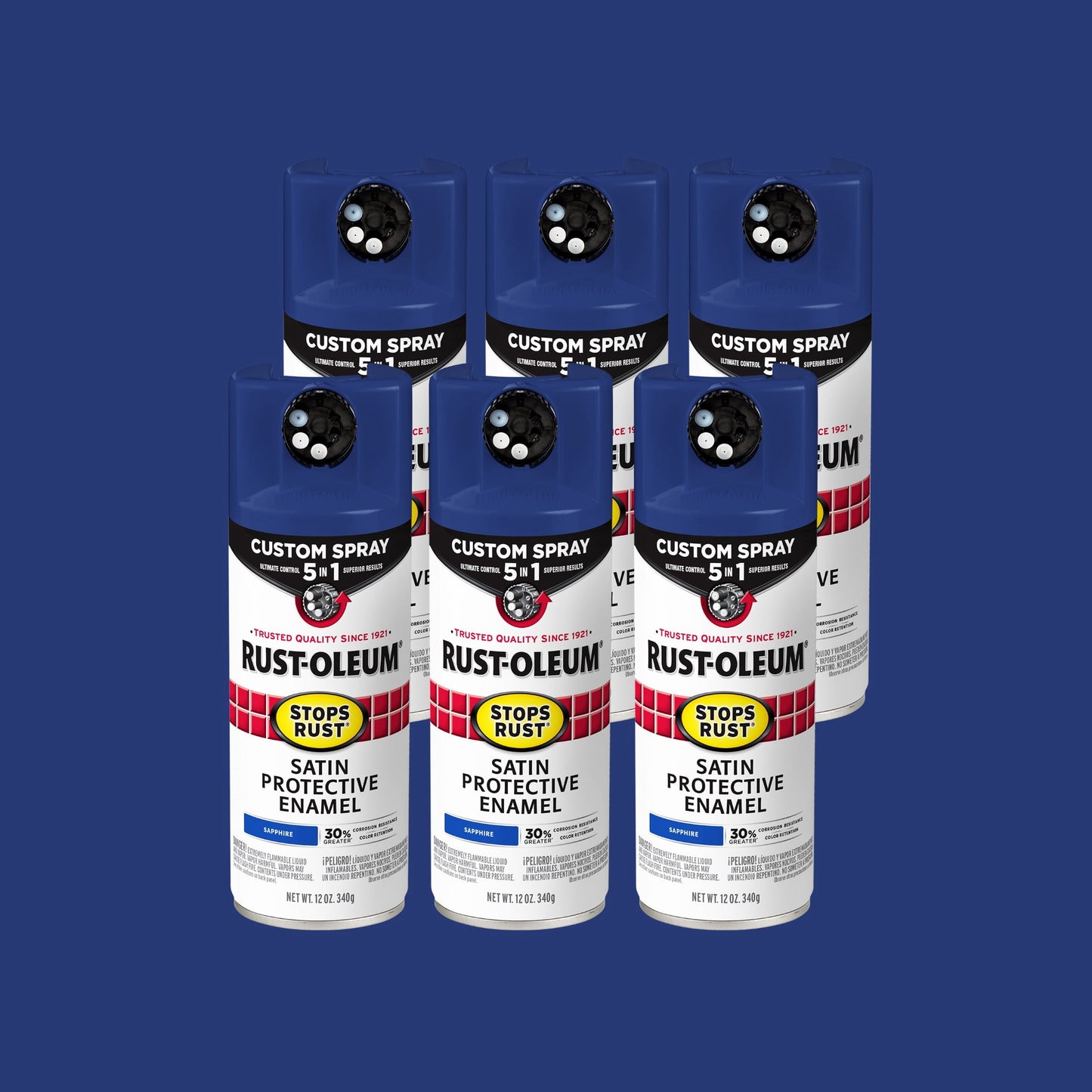 6 Pack, Sapphire, Rust-Oleum Stops Rust Custom Spray 5 in 1 Satin Spray Paint-376881, 12 oz