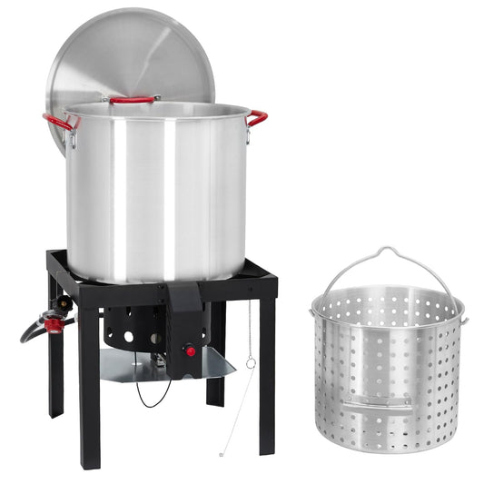 Seafood Boil Pot, 100 Qt Seafood Boil Pot with Basket & Burner, Strainer Basket, Lid & Hook, Versatile Stock Pot for Crab, Lobster, Shrimp Boiling, Outdoor Aluminum Propane Boiler and Steam Kit