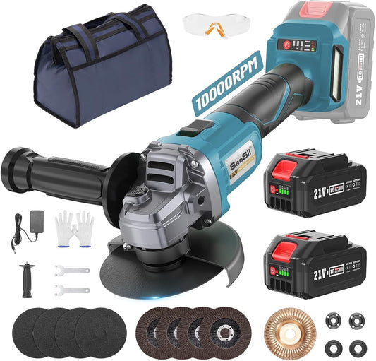 Seesii 4-1/2" Cordless Angle Grinder, 10000RPM Brushless Power Grinder with Cutting Wheel, Flap Wheel & Wool Carving Wheel for Cutting Griding Polishing Rust Removal, 2x 4.0Ah Batteries, Safety Cover