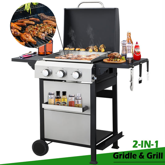 Seizeen 3-Burner Propane Gas Grill, Outdoor 2-IN-1 BBQ Grill & Gribble, Portable Combo Grills Stainless Steel, W/Two Foldable Shelves, Two Cooking Areas, Wheels