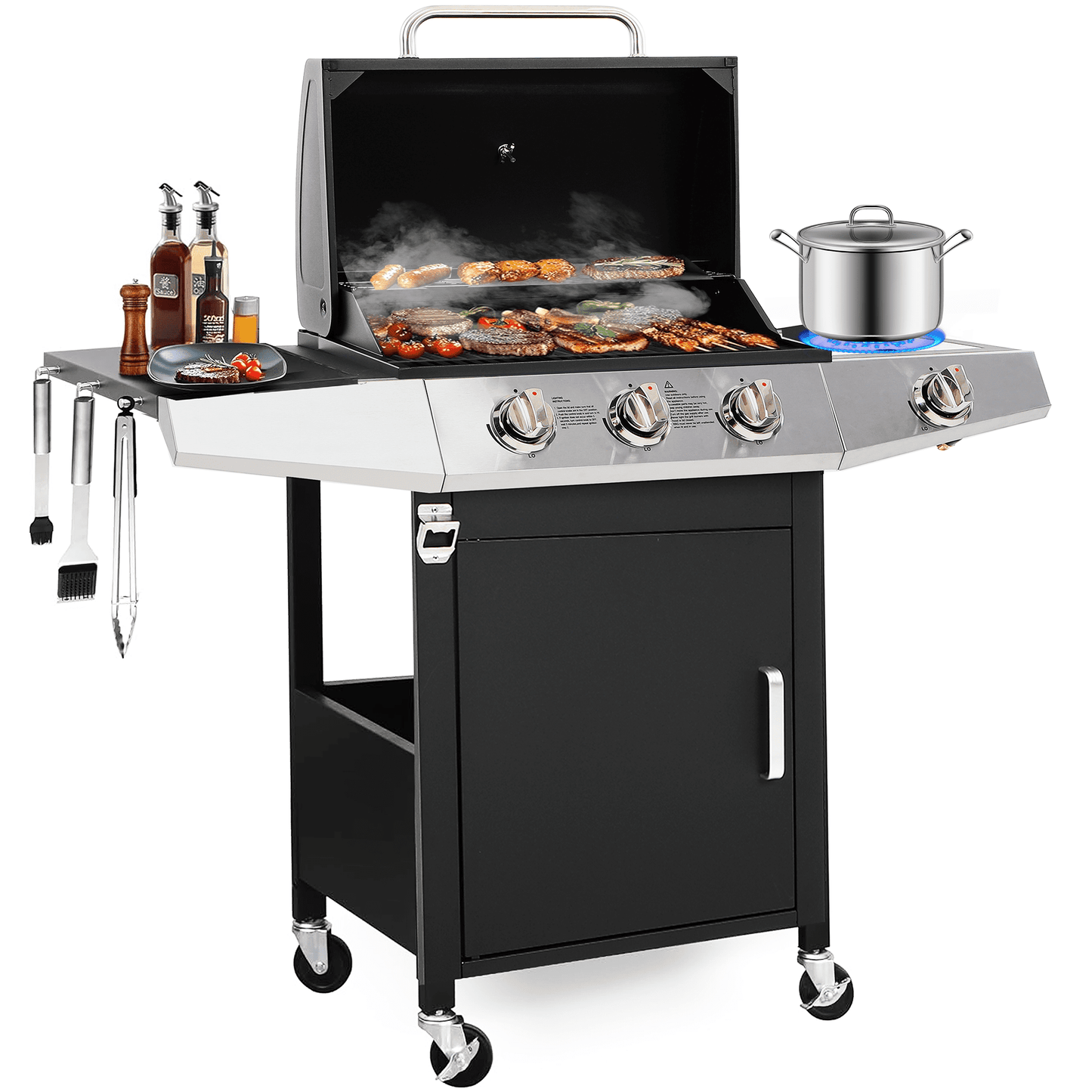 Grill, Seizeen Gas Grill with Side Burner, 40,000BTU 3-Burner Propane Grill w/Storage Cabinet, Steel Brush, Stainless Steel Camping BBQ for Backyard Patio, Portable Design on Wheels