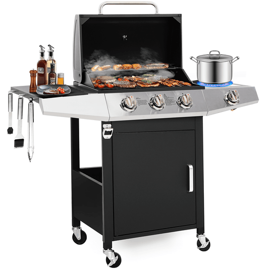 Grill, Seizeen Gas Grill with Side Burner, 40,000BTU 3-Burner Propane Grill w/Storage Cabinet, Steel Brush, Stainless Steel Camping BBQ for Backyard Patio, Portable Design on Wheels