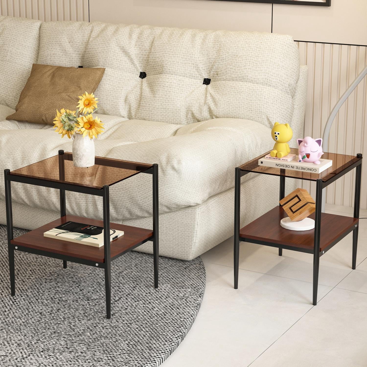 Set of 2 End Tables, Nightstand with Tempered Glass Tabletop, Compact Side Table with MDF Storage Shelf and Sturdy Iron Legs, Easy Assembly for Bedroom or Living Room, Brown Glass Finish