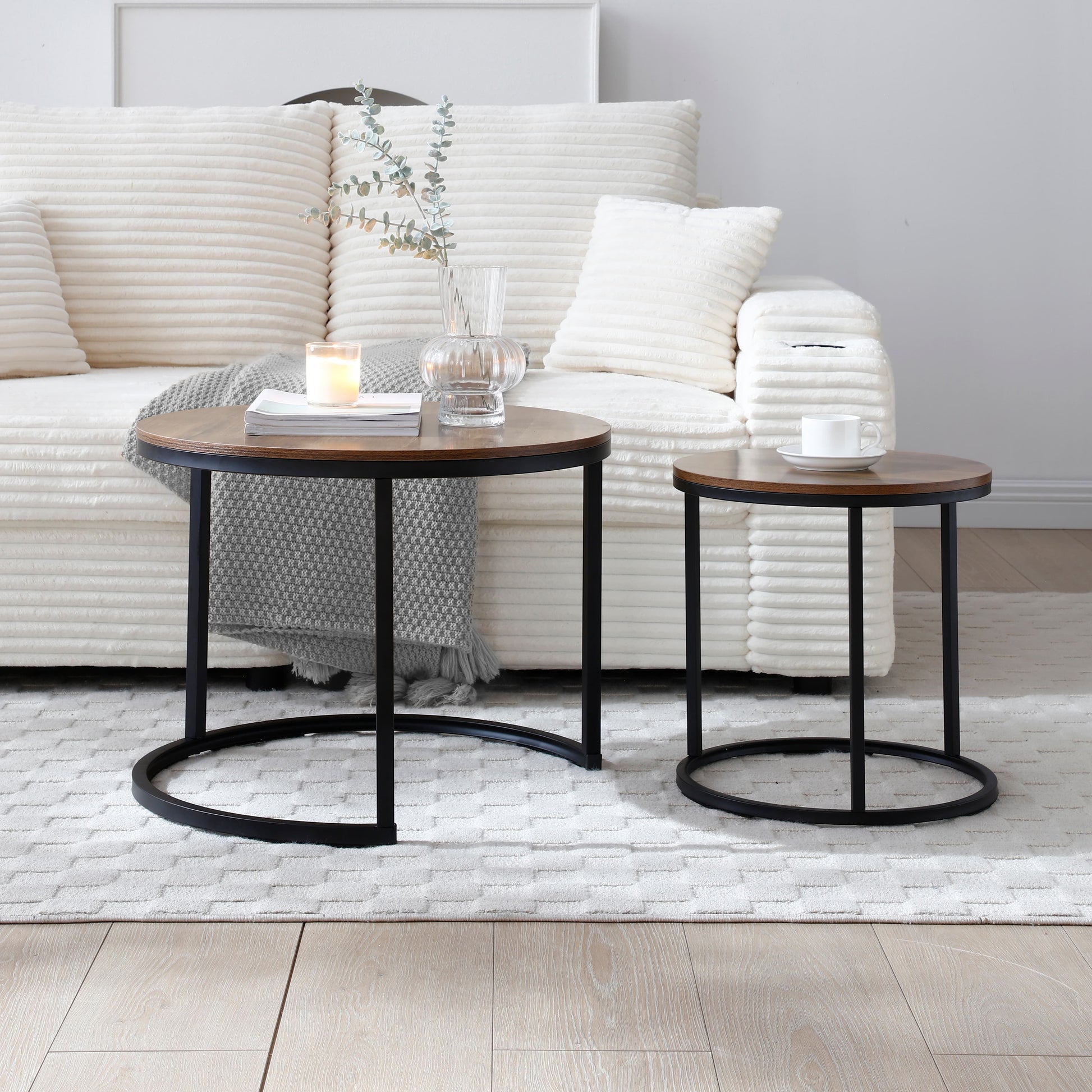 Set of 2 Nesting Round Side End Tables, Modern Industrial Coffee Table with Sturdy Metal Frame, Multifunctional Nightstand for Living Room Bedroom Apartment