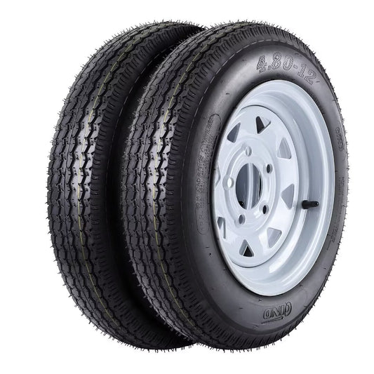 Set of 2 4.80-12 4.80x12 480-12 4.80-12 Trailer Tires with 12" Rims, 5 Lug on 4.5", Load Range C 6PR